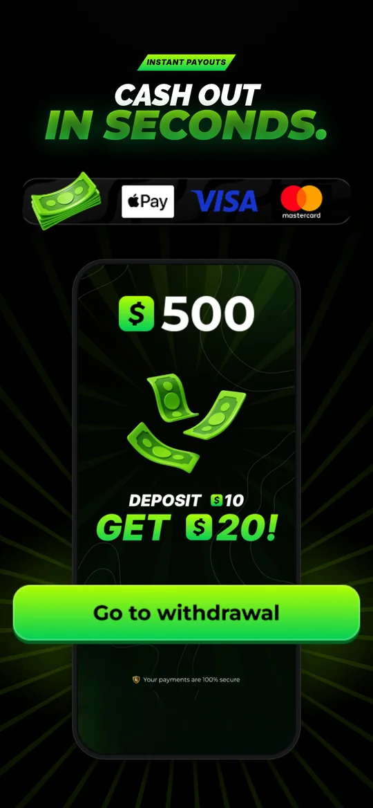 Cash out in seconds — withdrawal screen with Apple Pay, Visa and Mastercard