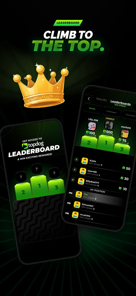 Leaderboard showing win streaks and cash prizes
